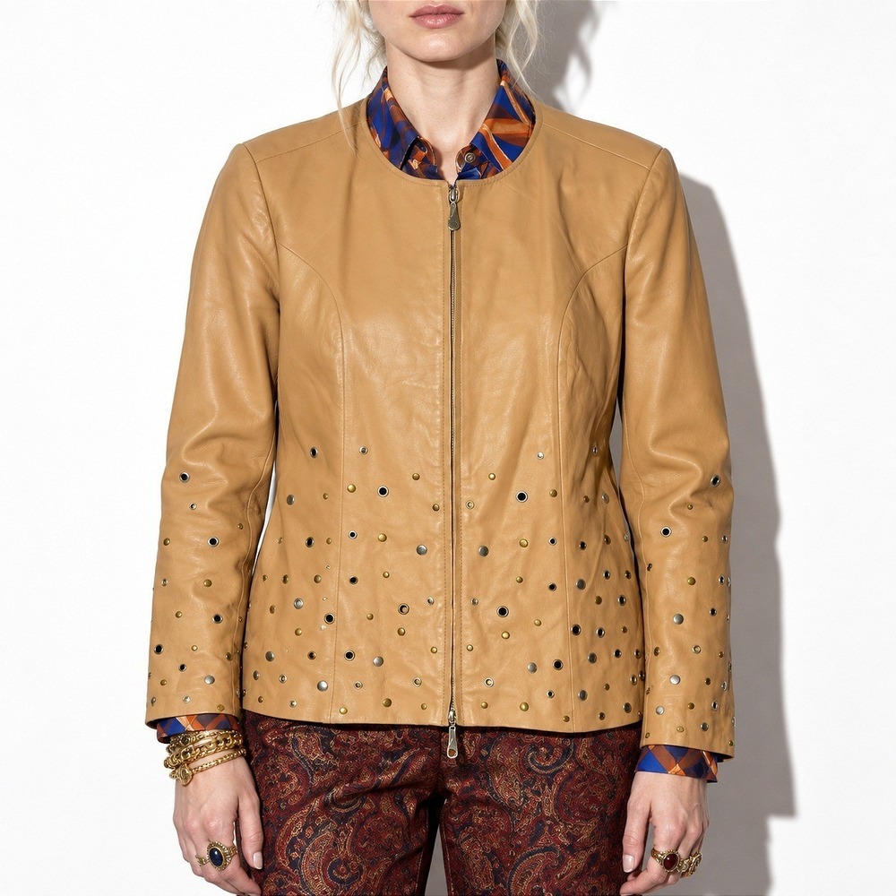 Studded Buckskin Tan Leather Jacket Womens L Collarless Western Zip Front Fitted